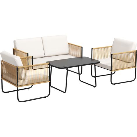 Salon de jardin 4 places : canapé 2 places, 2 fauteuils, table basse vitrée crème blanc avec coussins (1/5)