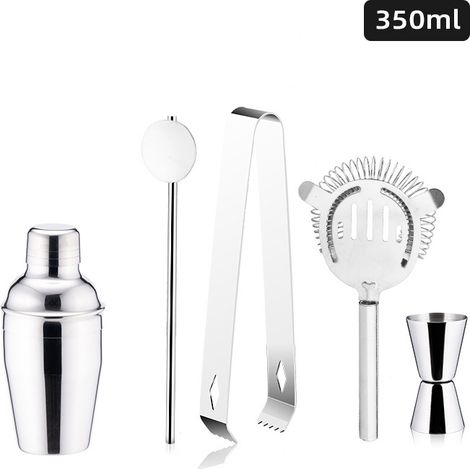 Ensemble de 5 kits de bar en acier inoxydable, comprenant un shaker à cocktail, une passoire, une cuillère à mélanger, un doseur et une pince à glaçons.-AquaForge (1/5)