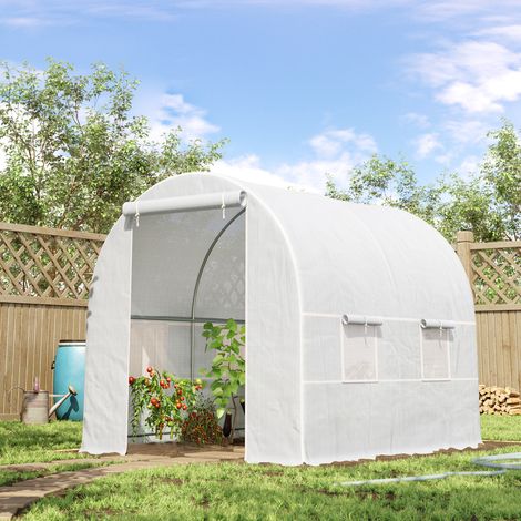 Serre tunnel de jardin 5m². serre de jardin tunnel avec porte et 4 fenêtres. bâche PE 140 g/m² 245 x 200 x 200 cm blanc