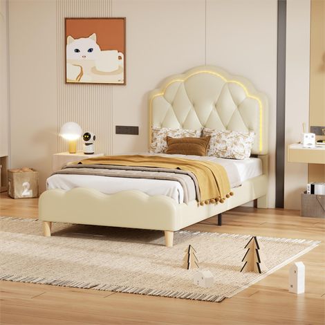 Lit simple 90x200cm, lit capitonné PU avec bandes LED couleurs variées, sommier à lattes, et tête de lit en forme de vague, blanc (1/5)