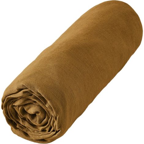 MARGAUX - Drap Housse 140x190cm Lin Lavé Coloris Caramel (1/3)