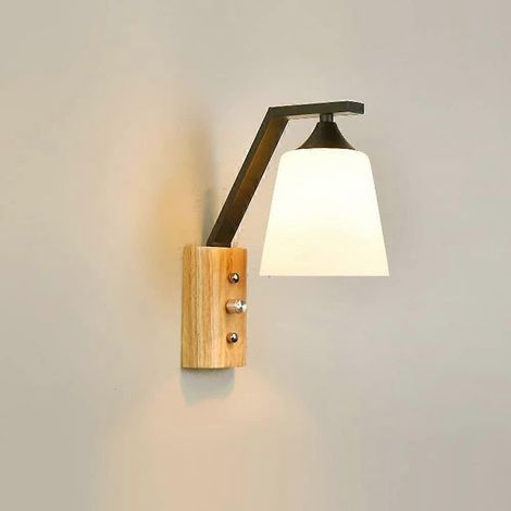 Wandleuchte aus Holz mit Glasschirm, geometrische Form, schwarz, Metall, E27-Fassung, für Wohnzimmer und Schlafzimmer
