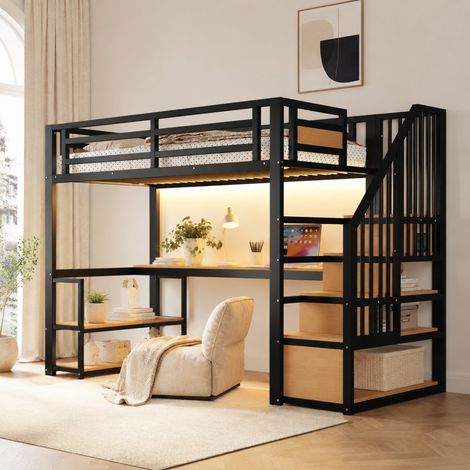 Letto a soppalco in metallo 90 x 200 cm nero con scrivania, scaffali e scala contenitore (1/5)