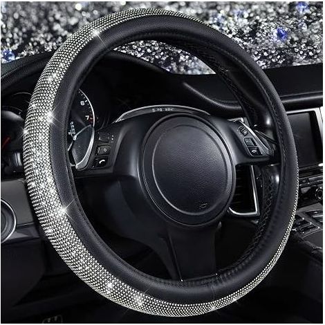 Housse de volant en cuir noir "Diamond Black", avec strass cristallins brillants (bling), ajustement universel 14\'\' 1/2 à 15\'\' de paillettes pour femmes, adaptée aux SUV, berlines et voitures, dia (1/4)