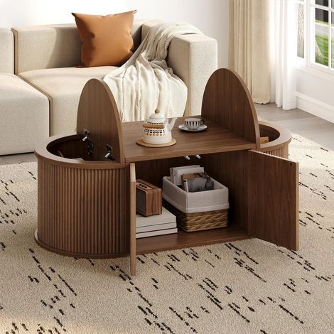 Tavolino salotto ovale 100x50x35 cm con vani contenitori, 4 ante push-to-open e bordi arrotondati di sicurezza, color noce (1/5)