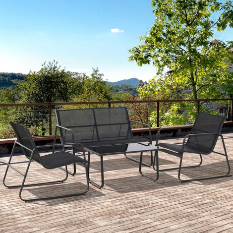 Ensemble de jardin 4 pièces. Comprend un canapé d'extérieur 2 places, 2 fauteuils et une table basse en verre trempé. Mobilier de jardin en métal et textilène. Noir.