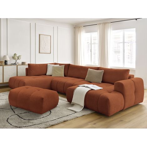 BOBOCHIC - Canapé panoramique convertible FUJI tissu lisse avec pouf Angle droit Orange (1/5)