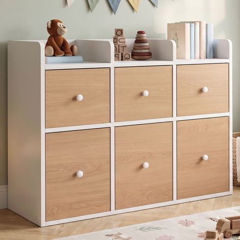 Mueble de almacenamiento infantil PABLO blanco, con 6 cajones de tela, frente con acabado de haya y 3 estantes tipo estantería (1/5)
