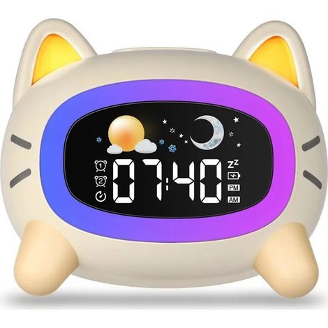 Réveil lumineux enfant : 5 veilleuses, 4 niveaux lumineux, 7 musiques sommeil, rechargeable avec snooze. (1/5)