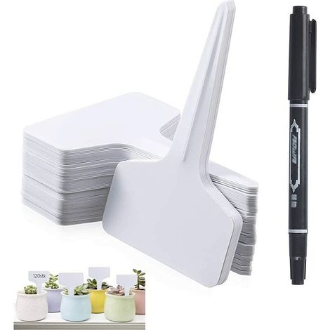 100 pcs Etiquette Jardin Exterieur Marqueurs en Plastique de Plantes Type T Plastique Etiquette Potager avec Stylo étanche Etiquetage Réutilisable et Accessoires(Blanc） (1/4)