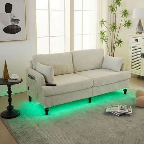 Canapé moderne 2 places en chenille avec pieds en bois, éclairage LED, port de charge USB et poche de rangement pour salon, chambre et bureau (chenille beige) (1/5)