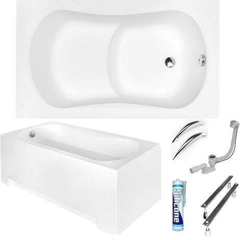 ECOLAM Baignoire rectangle Aria Rehab avec assise 120x70 cm  tablier en acrylique  2x poignées  pieds siphon + silicone  Baignoire en acrylique blanc  set complet (1/5)