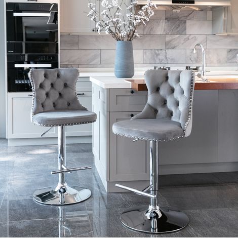 Barhocker höhenverstellbar drehbar mit Rückenlehne Samt Grau OKMYHOME (1/5)