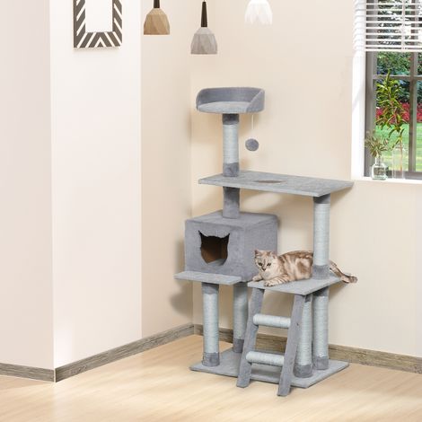 Tiragraffi Palestra per Gatti Multilivello con Casetta Scala Piattaforme, Pali in Corda di Juta, Grigio, 60.5x40x124cm