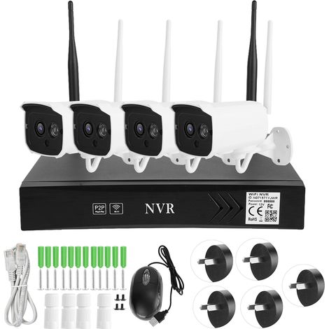 Kit de caméras de surveillance sans fil NVR 4CH 1080P IR, 110-240V WIFI P2P, prise AU, système de sécurité extérieur. (1/5)