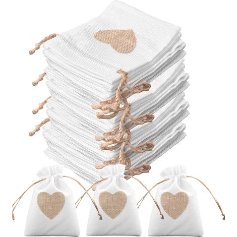 30pcs Sachet Tissu en Jute à Motifs de Cœurs 10 14cm Pochette Tissu Cordon Sachet Jute Petit Pochon Tissu Sacs Cadeaux pour Mariage Bonbons Baptêmes Bijoux Anniversaire Noël(Blanche) (1/5)
