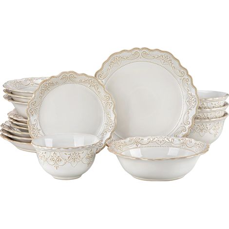 Service de vaisselle, design en relief élégant, compatible lave-vaisselle, 16 Pièce