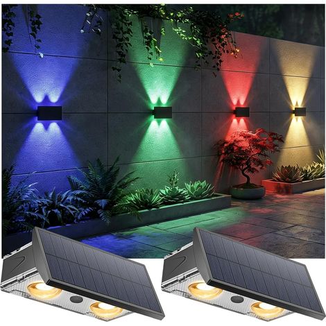 Solaire extérieur Up and Down, Lampes solaires murales extérieures 4 LEDs, Lumière chaude/froide/multicolore, Projecteur solaire étanche IP65 pour jardin, balcon, terrasse, escali, 2 pièces (1/5)