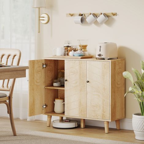 Buffet Cuisine, Meuble de Rangement avec 3 Portes à Motif Chevron et Pieds en Bois de Pin, 88,3x30x76cm, Bois Naturel (1/5)
