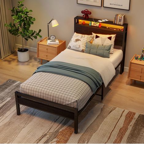 Cama 90 x 200 cm con almacenaje en cabecero, LED y USB-C negra DESVIAE (1/5)