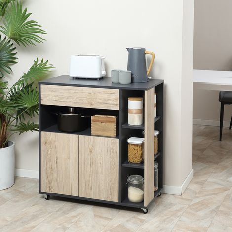Bois et noir - Chariot polyvalent avec tiroir, meuble et étagère, boîte alimentaire îlot de cuisine avec 4 roues, 80x39x86,5 cm (1/5)