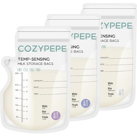 Sacs de Conservation du Lait Maternel de 50 Pièces, Sac de Stockage de Lait Maternel de 8oz avec Bec Verseur, Sac de Lait avec Changement de Couleur Sensible à la Température pour une Allaitement Pra (1/5)