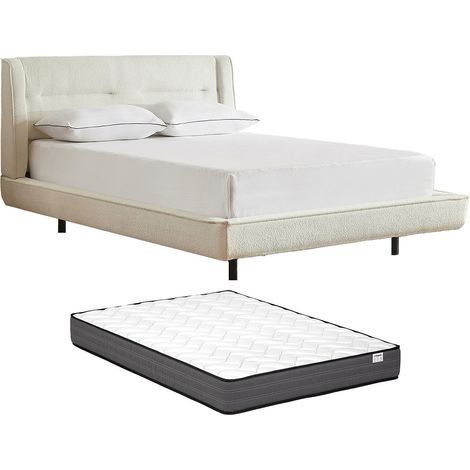 Lit 140 x 190 cm - Tissu bouclette - Beige + Matelas - ISYDE