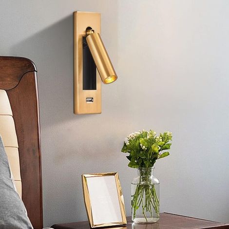 LED wall-mounted bedside lamp with USB charging port, lift control switch, unplugged recessed cable (gold) (1/5)