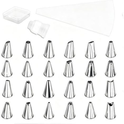 ensemble de 26 pièces Douille Pâtisserie, Grandes Inox Professionnelles, avec 24 Douilles en Acier Inox, Poche à Douille Jetable et Adaptateur Plastique, pour Gâteaux à la Maison ou en Atelier (1/5)
