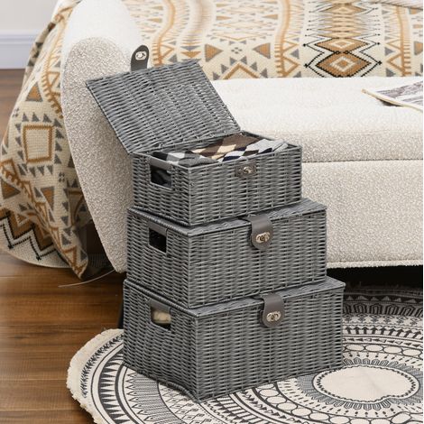 Set de 3 cestas de almacenamiento con tapa y cierres, PP y metal gris (1/5)