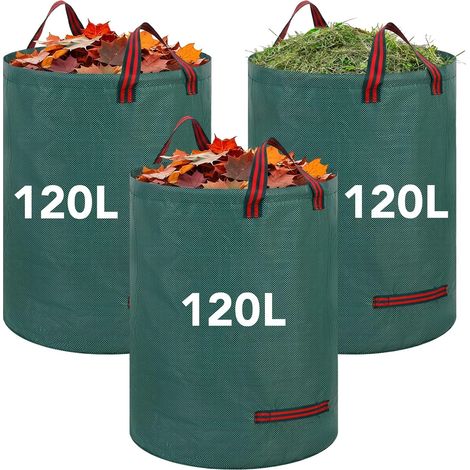 Sac de jardin 3 x 120 l, sac à déchets de jardin stable avec poignées, sac à feuilles autonomes, imperméable, pliable, réutilisable, en tissu polypropylène 150 g/m², pour coupe verte, herbe (1/5)