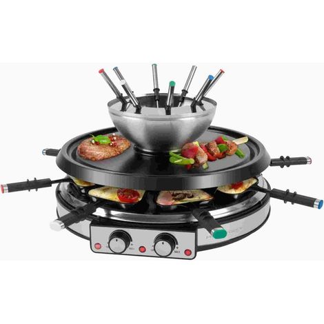 Appareil à raclette et fondue 8 personnes – 2 thermostats réglables – Acier inoxydable – Capacité 0,6L – Câble confort 2m – Proficook