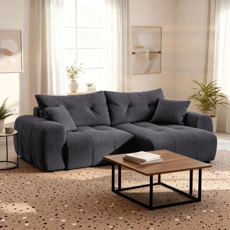 ALYA - Canapé d'angle convertible et réversible avec coffre en velours côtelé gris foncé