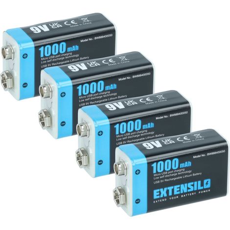 EXTENSILO 4x Piles bloc batterie 9V remplacement pour Daitem BATV13 (1Ah, 9V, Li-ion), prête à l'emploi, avec micro-USB (1/4)