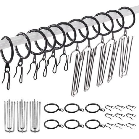Packung mit 120 schwarzen Metall-Gardinenringen (3,4 cm – 30 mm) mit 4-zinkigen Edelstahlhaken für Faltenbänder und Stifthaken für Fenster- und Duschvorhänge. (1/5)