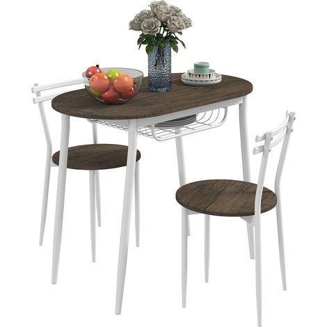 3-Piece Oval Dining Table Set with 2 Chairs and Wire Storage Shelf,Steel Frame for Kitchen,Natural Finish