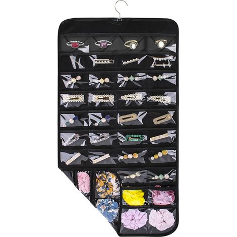 Organiseur de bijoux à suspendre - Sac de rangement pour boucles d'oreilles, colliers, bracelets, bagues - Noir - 80 poches (1/5)