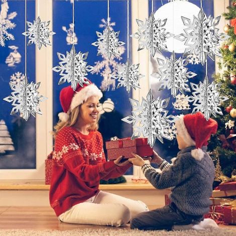 Adornos navideños colgantes de copos de nieve, 12 copos de nieve de papel 3D brillantes blancos para decoración de ventanas y árboles de Navidad, fiesta de Navidad y Año Nuevo, Maravilla de invierno (1/5)