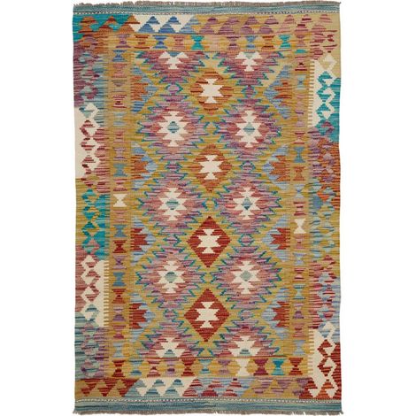 Tapis kilim, 99 x 155 cm, motif ethnique, multicolore, bleu et rouge, en pure laine naturelle, tissé plat artisanal (1/5)
