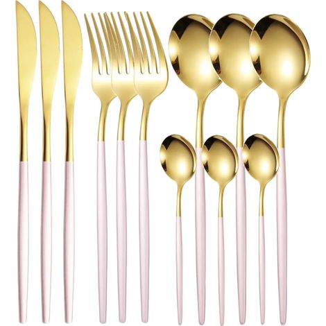 (Ensemble de 12 pièces, doré et rose) Couverts fins en acier inoxydable, couteau et fourchette à steak, cuillère à dessert, cuillère à café