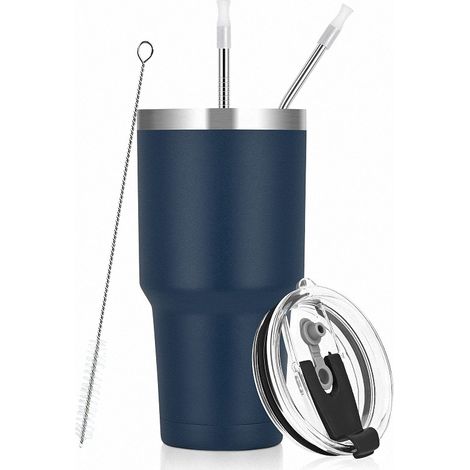 Tasse isotherme bleue pour café, réutilisable en acier inoxydable, avec 2 pailles et 2 goupillons pour le nettoyage, idéale pour les voyages. Convien (1/5)