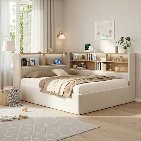 Lit banquette rembourré 140x200 cm avec coffre hydraulique, LED, USB et USB-C, rangements intégrés, sommier à lattes, velours, beige (1/5)