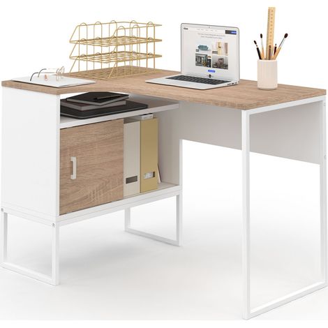 Idmarket – Bureau d'angle blanc et façon hêtre – Plateau 111 x 73 cm – Niche de rangement 73 x 33 x 12 cm – Design industriel moderne