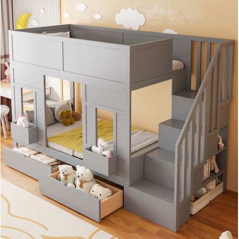 Cama litera 90x200 cm - Con escalera de almacenaje, 2 cajones y ventanas - En madera - Gris (1/5)