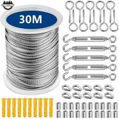 Stainless Steel Cable, Stainless Steel Rope for Hanging, Outdoor Laundry Line, Outdoor Steel Clothesline, Outdoor Wire Rope, Clothesline (30M) (1/4)