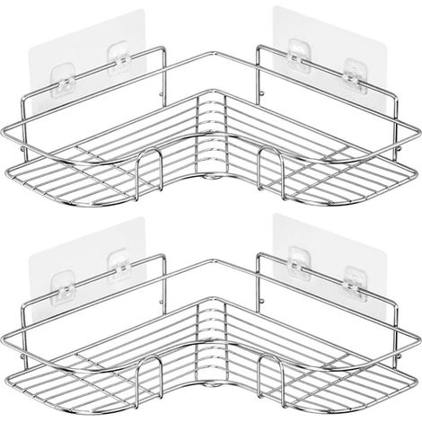Estante de ducha esquinero , adhesivo, de acero inoxidable, para baño, sin necesidad de taladrar, paquete de 2 (plateado) (1/5)