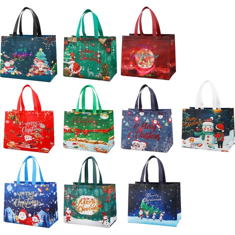 Lot de 10 sacs cadeaux de Noël avec poignées - Sacs à friandises multifonctionnels en non-tissé pour emballer les cadeaux et faire les courses. (1/5)