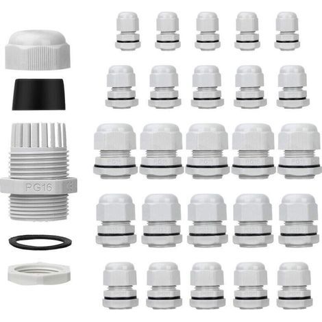 Lot De 25 Presse-Étoupes Étanches - Réglables - Pg7 Pg9 Pg11 Pg13.5 Pg16 - Connecteurs De Cable - Écrous De Remplissage - Joints En Plastique Avec Rondelle - Blanc - Laoa