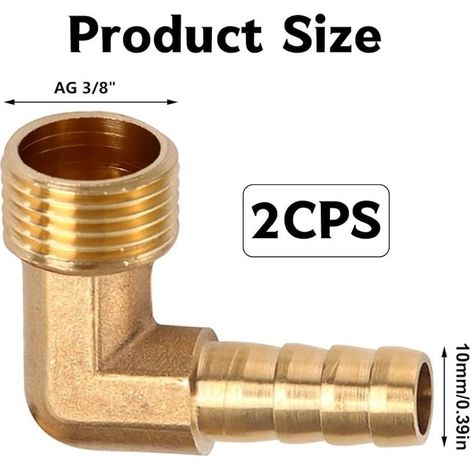 Set aus 2 Messing-90°-Winkel-Schlauchverschraubungen, 3/8"-Außengewinde auf 10-mm-Schlauchanschluss, geeignet für Trinkwasser, Sanitärarmaturen und Gartenschlauchzubehör (1/4)