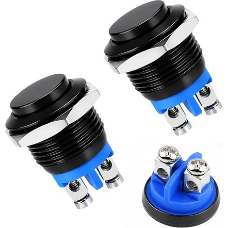 Lot de 2 Interrupteur À Bouton-Poussoir Momentané 12V Étanche 16mm Noir Métal, 1A 220V IP20 Antirouille, Fixation À Vis Sans Soudure, Pour Voiture Moto Bateau Bricolage Électronique (1/5)